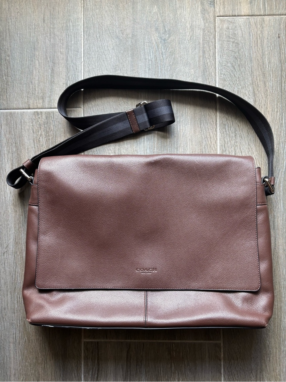 Coach Men's Chocolate Brown Leather Messenger Bag with Black Strap